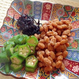 貧血予防 健康に♪納豆にオクラとしそひじきの佃煮♪